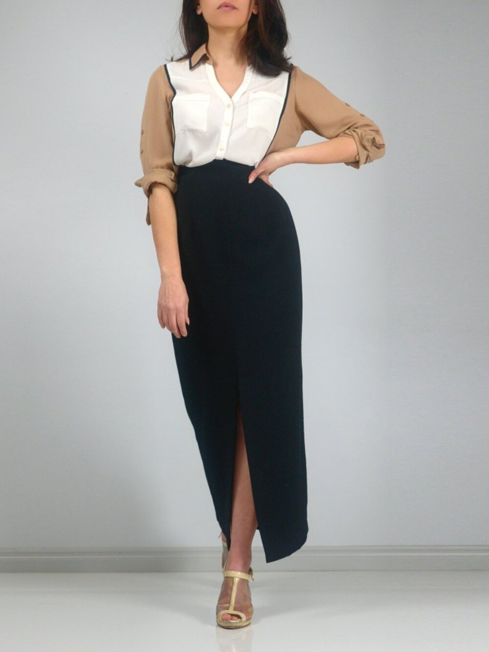 Express Portofino Button Up Shirt, Beige White Black Colorblock Blouse, sz XS